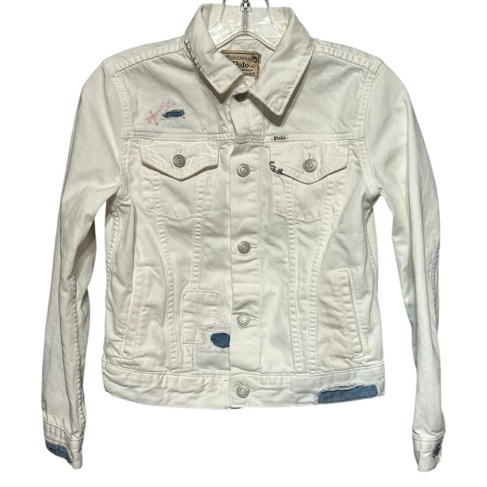 Polo Ralph Lauren White Denim Trucker Jacket Embroidered Distressed Girl’s 12-14